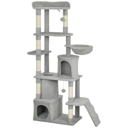 PawHut 170 cm Large Cat Tree, Cat Tower with 7 Scratching Posts, 2 Condos, Hammock, Light Grey