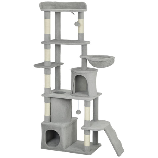PawHut 170 cm Large Cat Tree, Cat Tower with 7 Scratching Posts, 2 Condos, Hammock, Light Grey