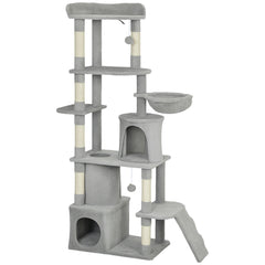 PawHut 170 cm Large Cat Tree, Cat Tower with 7 Scratching Posts, 2 Condos, Hammock, Light Grey