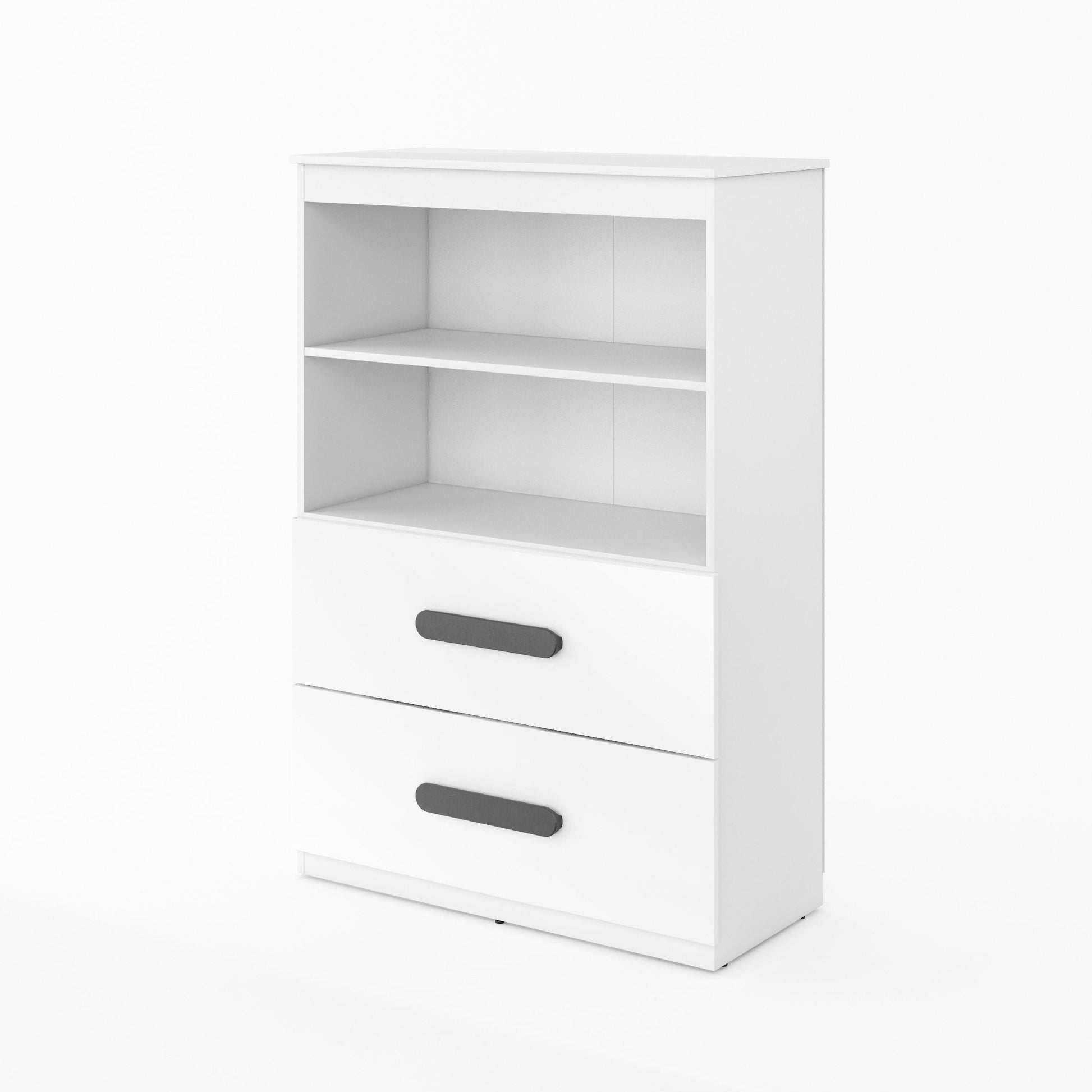 White cabinet with two drawers on a white background