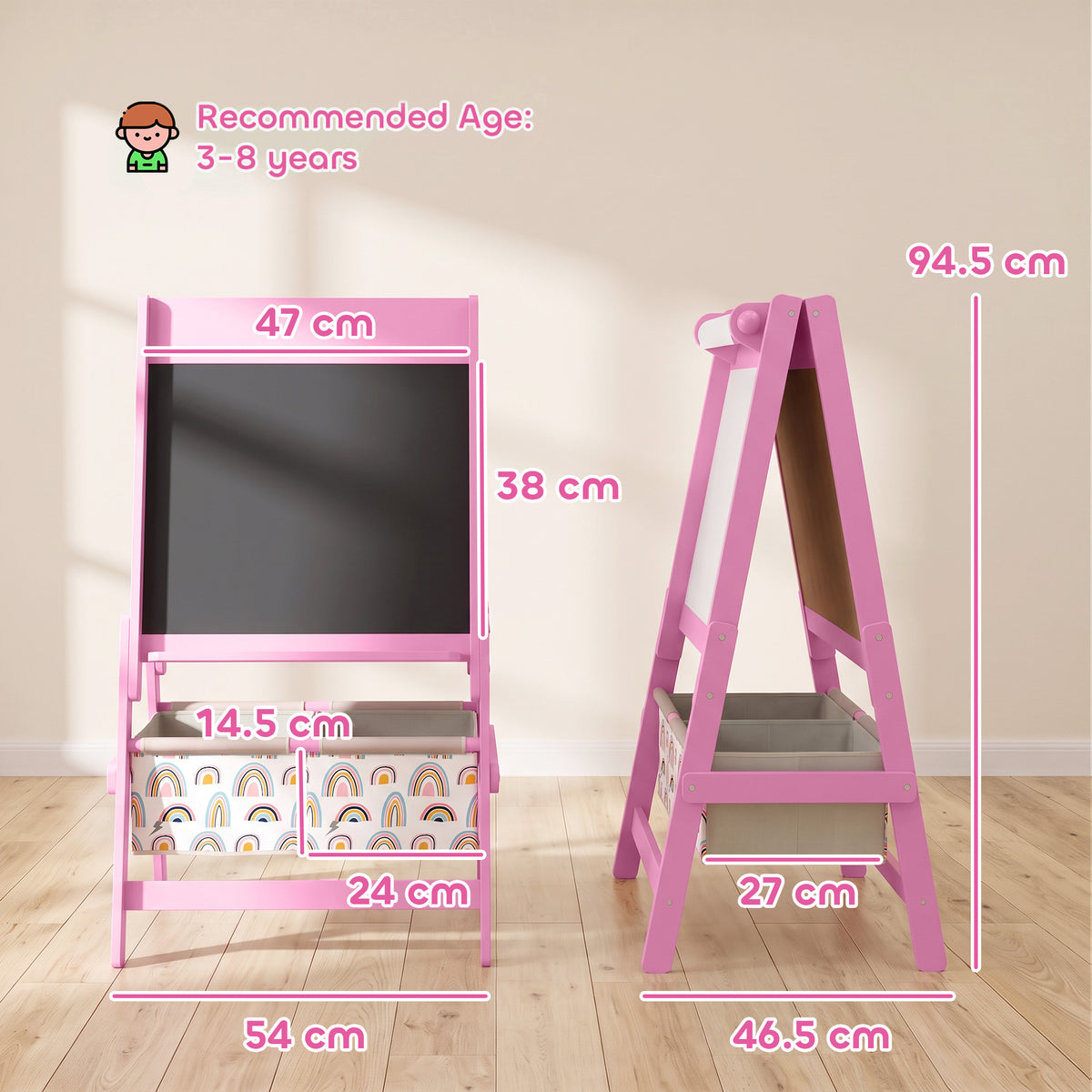 AIYAPLAY Art Easel for Kids, 3-in-1 Kids Easel with Chalkboard, Whiteboard, Paper Roll, Storage, Under-Board Shelf for 3-8, Pink