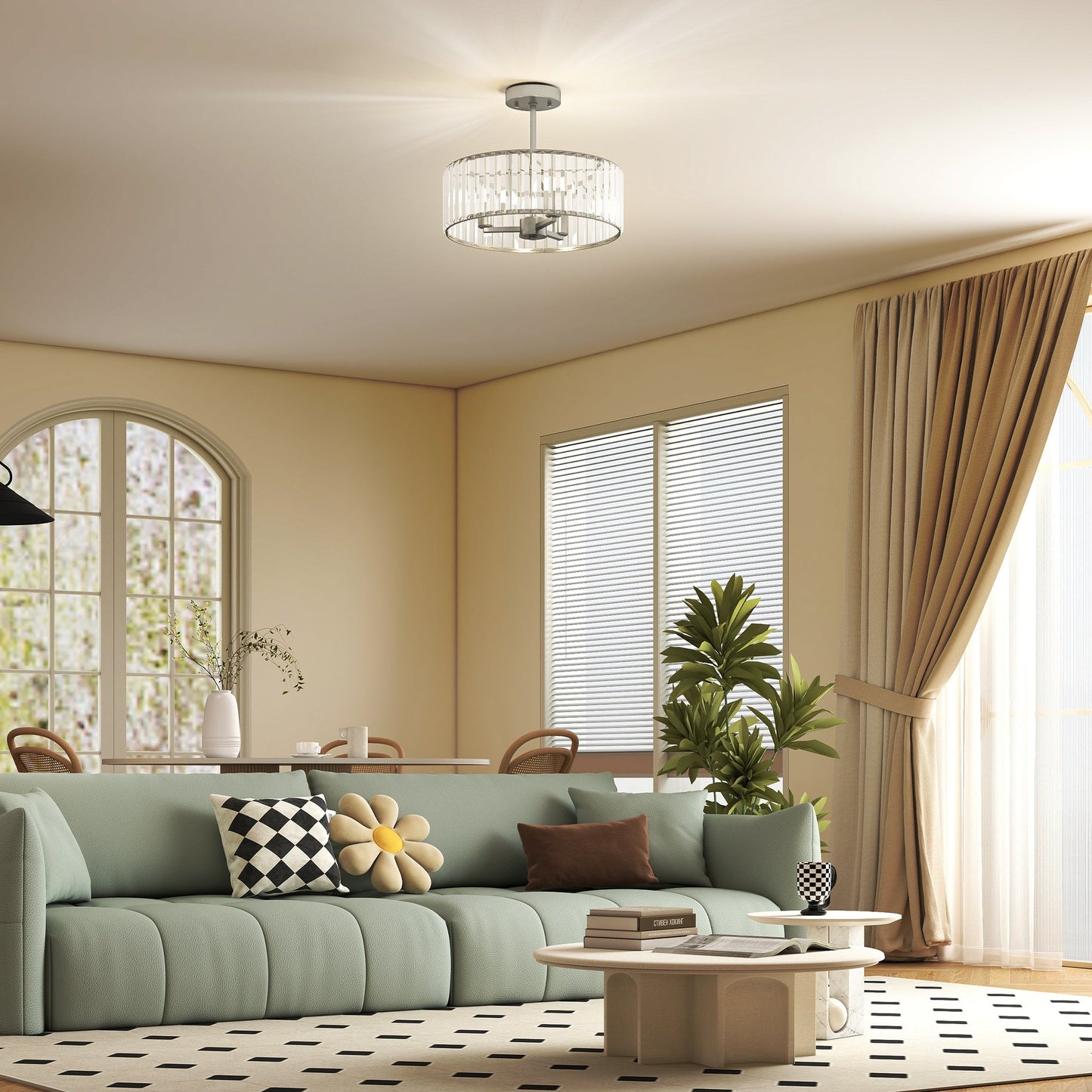 HOMCOM Crystal Ceiling Light Fixture, Semi Flush Mount Modern Crystal Chandelier Ceiling Light for Living Room, Bedroom, Hallway, Dining Room, E14 Base 3-Lights, Bulbs Not Included, Silver Tone