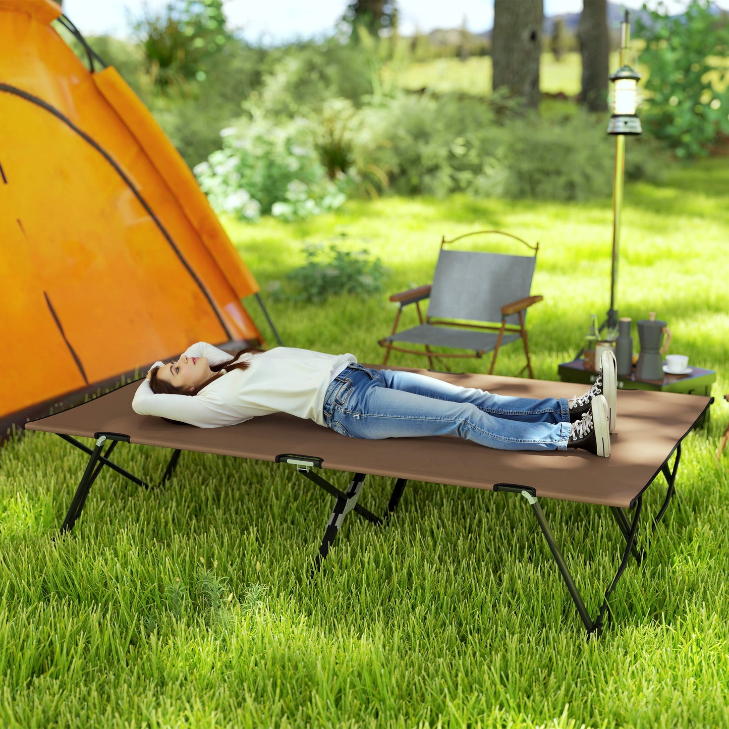 Outsunny Double Camping Cot Bed, with Bag - Khaki