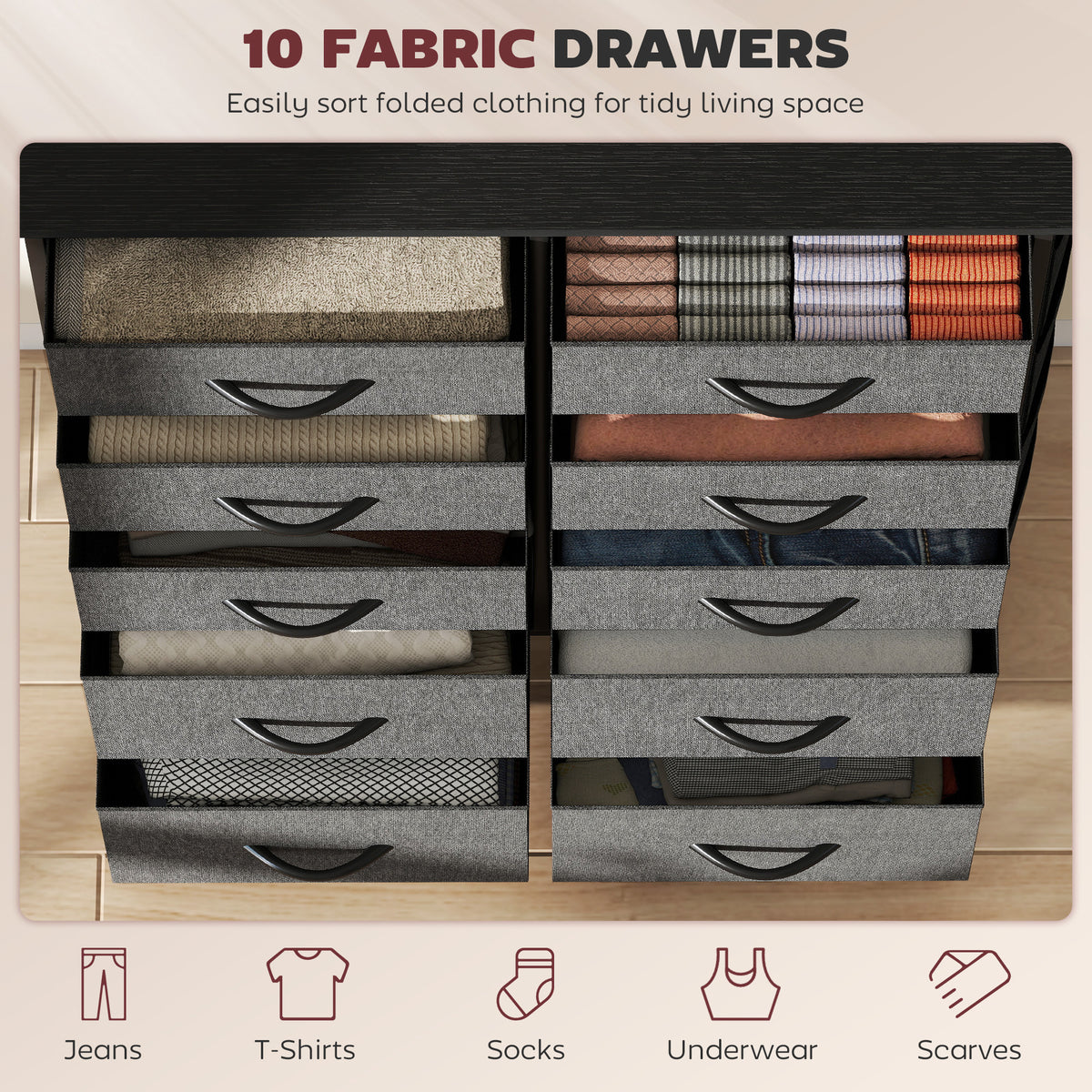HOMCOM Chest of Drawers, Dresser with 10 Fabric Drawers, Tall Storage Unit with 4 Pockets and 2 Hooks Steel Frame, Grey