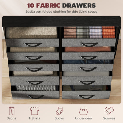 HOMCOM Chest of Drawers, Dresser with 10 Fabric Drawers, Tall Storage Unit with 4 Pockets and 2 Hooks Steel Frame, Grey