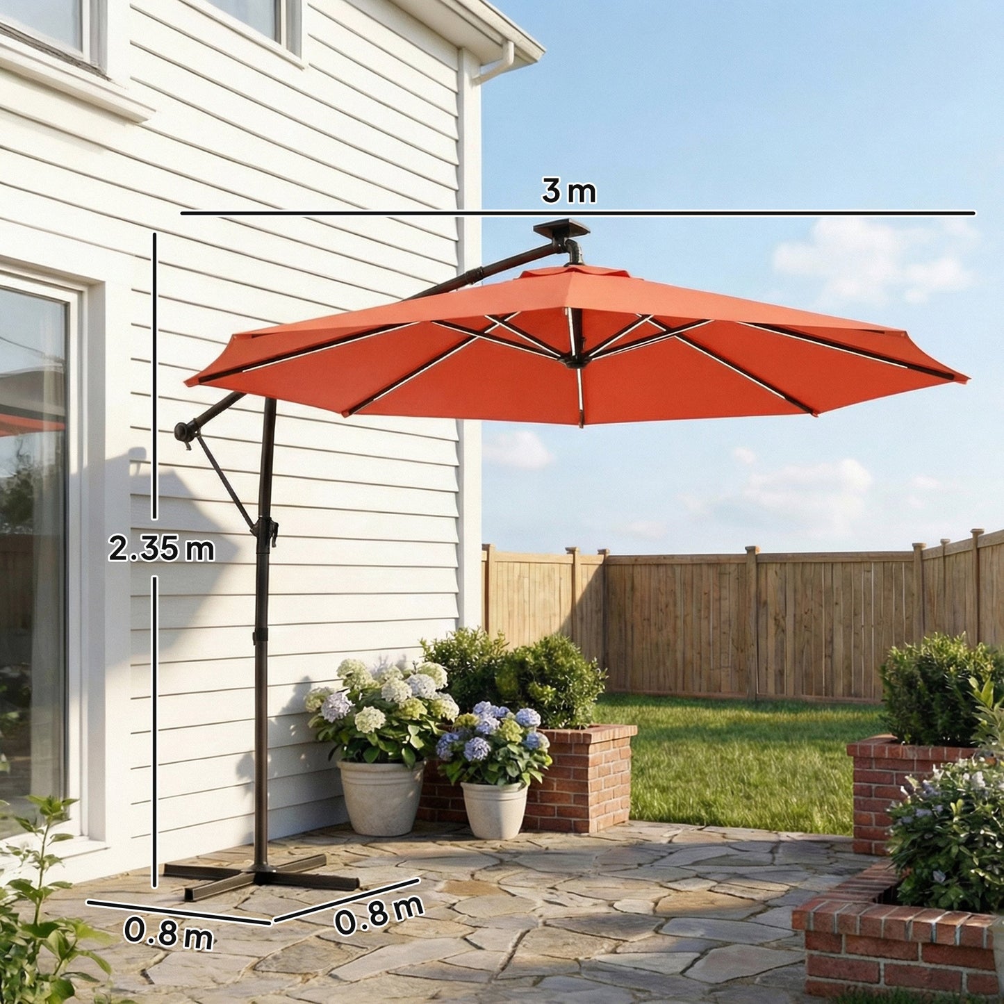 Outsunny 3 m Garden Cantilever Parasol with LED Solar Light, Round Overhanging Umbrella with 360 degrees Rotation, Cover, Orange