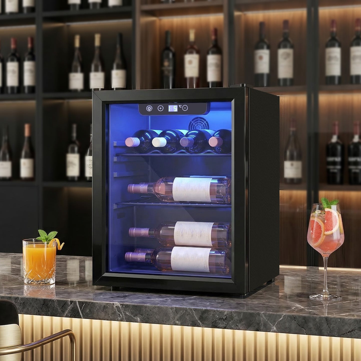 HOMCOM 16 Bottle Wine Cooler, 48 Litre Capacity, 4-16Â°C Under Counter Drinks Beer Wine Fridge with Glass Door, LED Light, Black