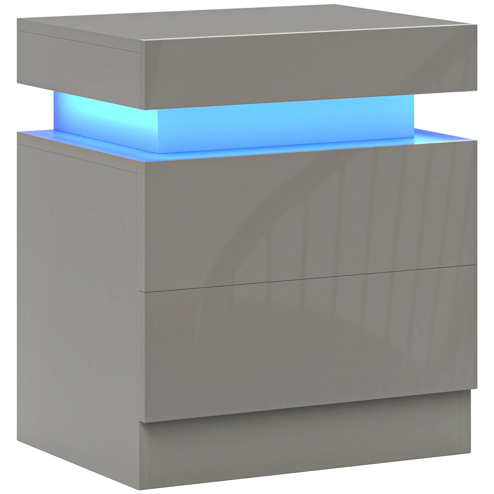 HOMCOM Grey Bedside Table with LED Light, High Gloss Front Nightstand with 2 Drawers, for Living Room, Bedroom