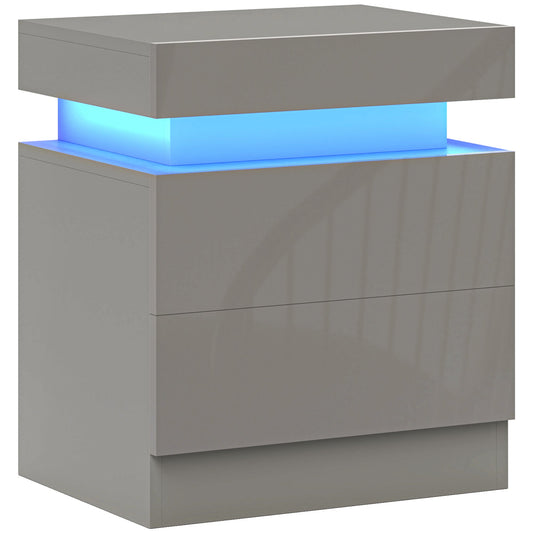 HOMCOM Grey Bedside Table with LED Light, High Gloss Front Nightstand with 2 Drawers, for Living Room, Bedroom