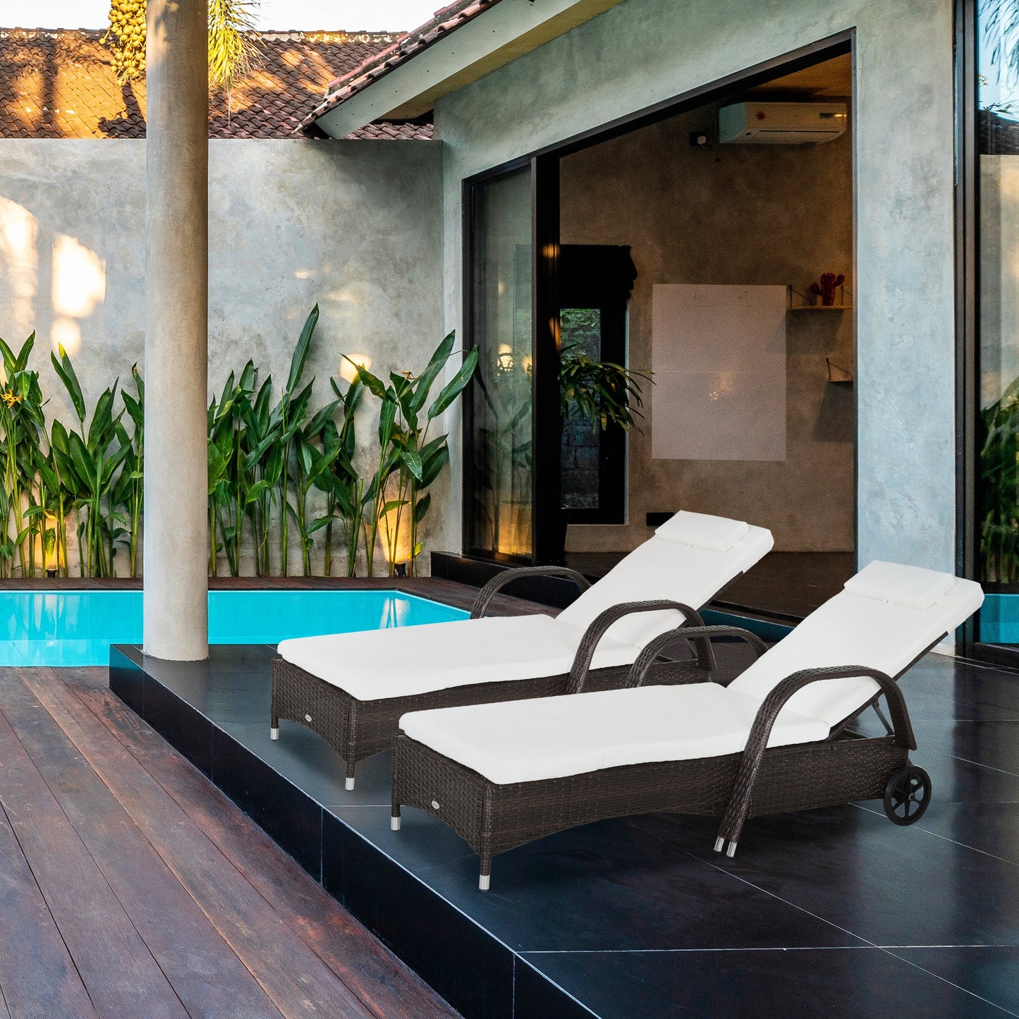 Outsunny 2PC Rattan Sun Lounger Recliner Bed Reclining Chair Patio Garden Outdoor Wicker Weave Adjustable Headrest with Fire Retardant Cushion √¢‚Ç¨‚Äú Brown