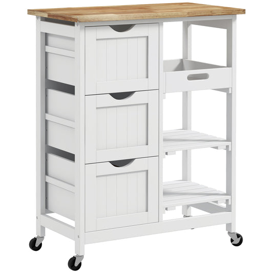 HOMCOM Rolling Kitchen Island Cart, Bar Serving Cart, Compact Trolley on Wheels with Wood Top, Shelves & Drawers for Home Dining Area, White