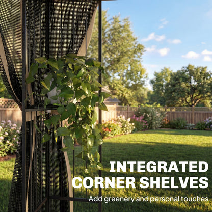 Outsunny 3 x 3 m Outdoor Garden Gazebo with Post Shelves, UPF50+ DoubleÂ Roof Patio Permanent Pavilion, Brown