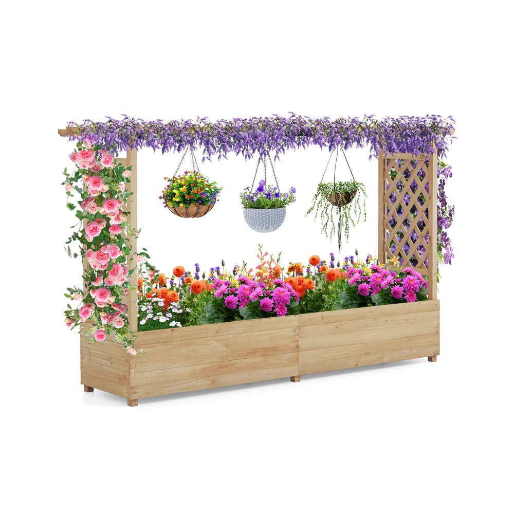 Raised Garden Bed with 2-Sided Trellis and Hanging Roof-Natural