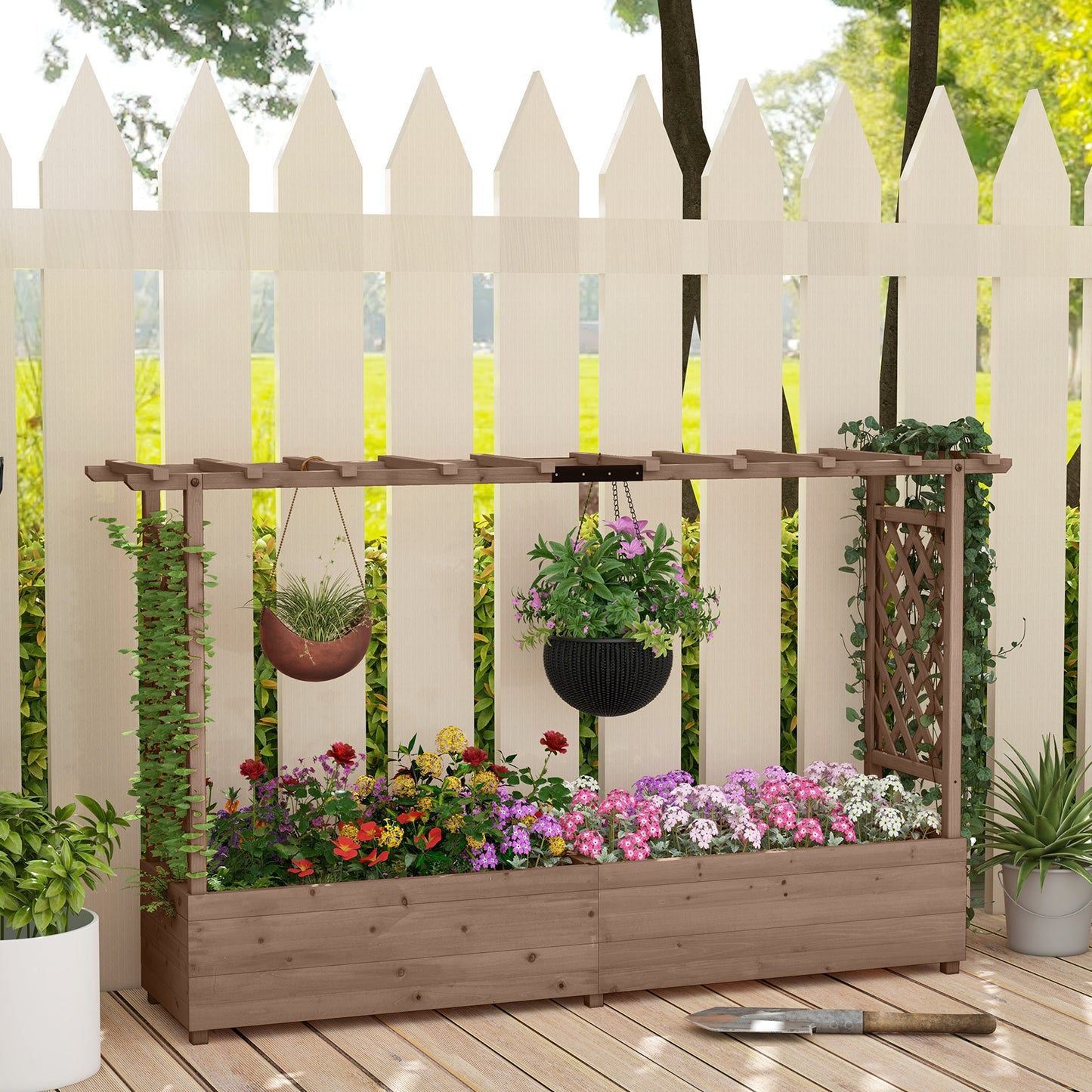 Raised Garden Bed with 2-Sided Trellis and Hanging Roof-Rustic Brown