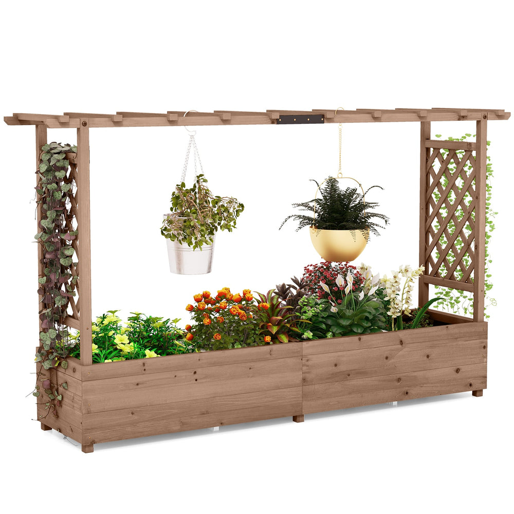 Raised Garden Bed with 2-Sided Trellis and Hanging Roof-Rustic Brown
