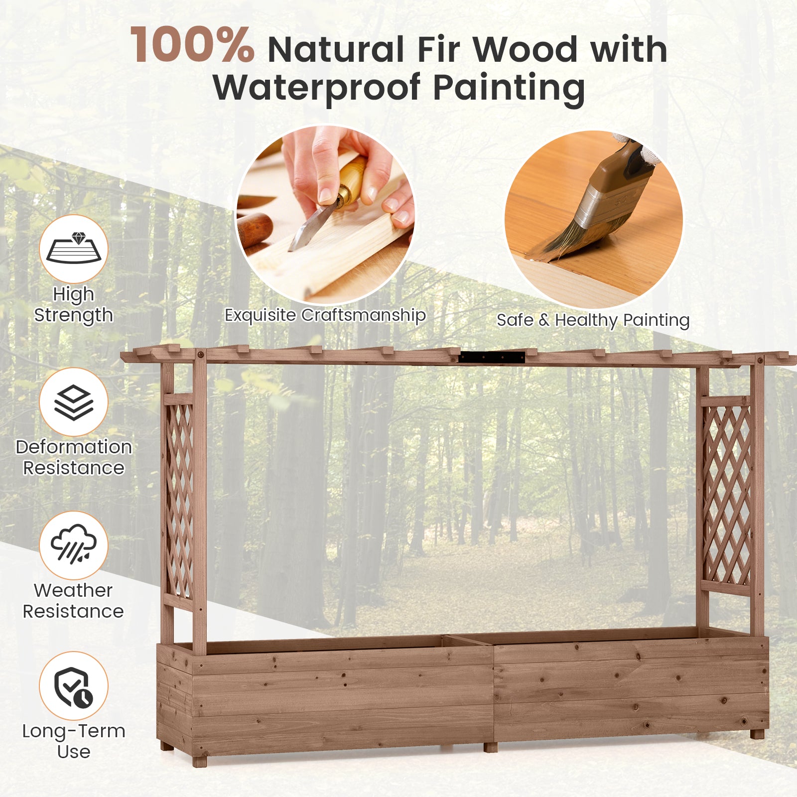 Raised Garden Bed with 2-Sided Trellis and Hanging Roof-Rustic Brown