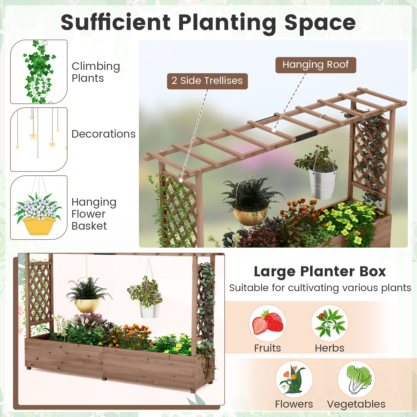 Raised Garden Bed with 2-Sided Trellis and Hanging Roof-Rustic Brown