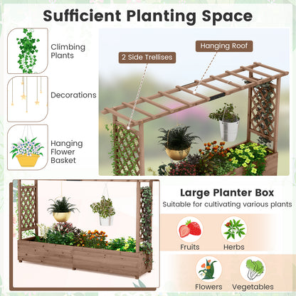 Raised Garden Bed with 2-Sided Trellis and Hanging Roof-Rustic Brown