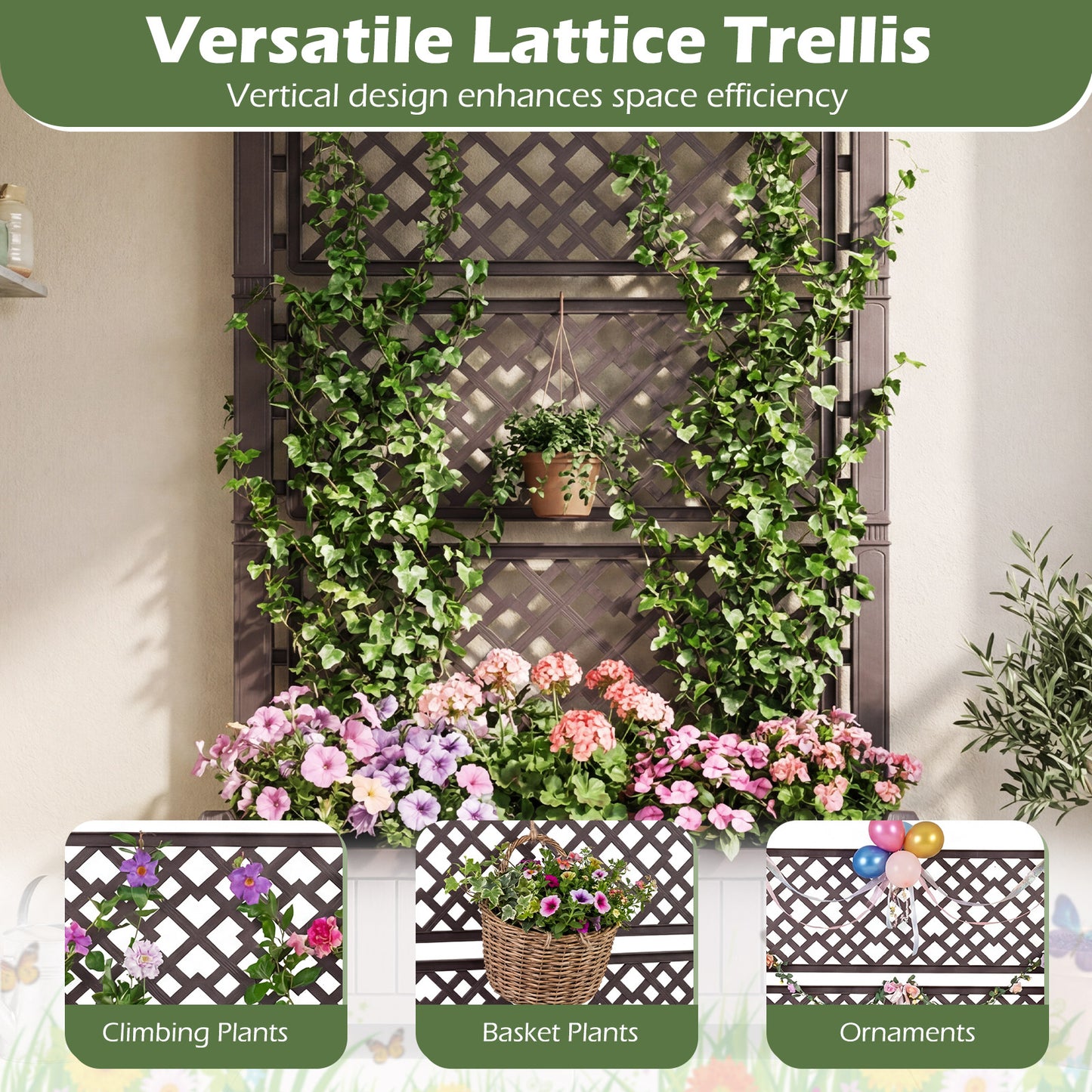 Raised Garden Bed with Lattice Trellis Drainage Plug and Gauge-Brown