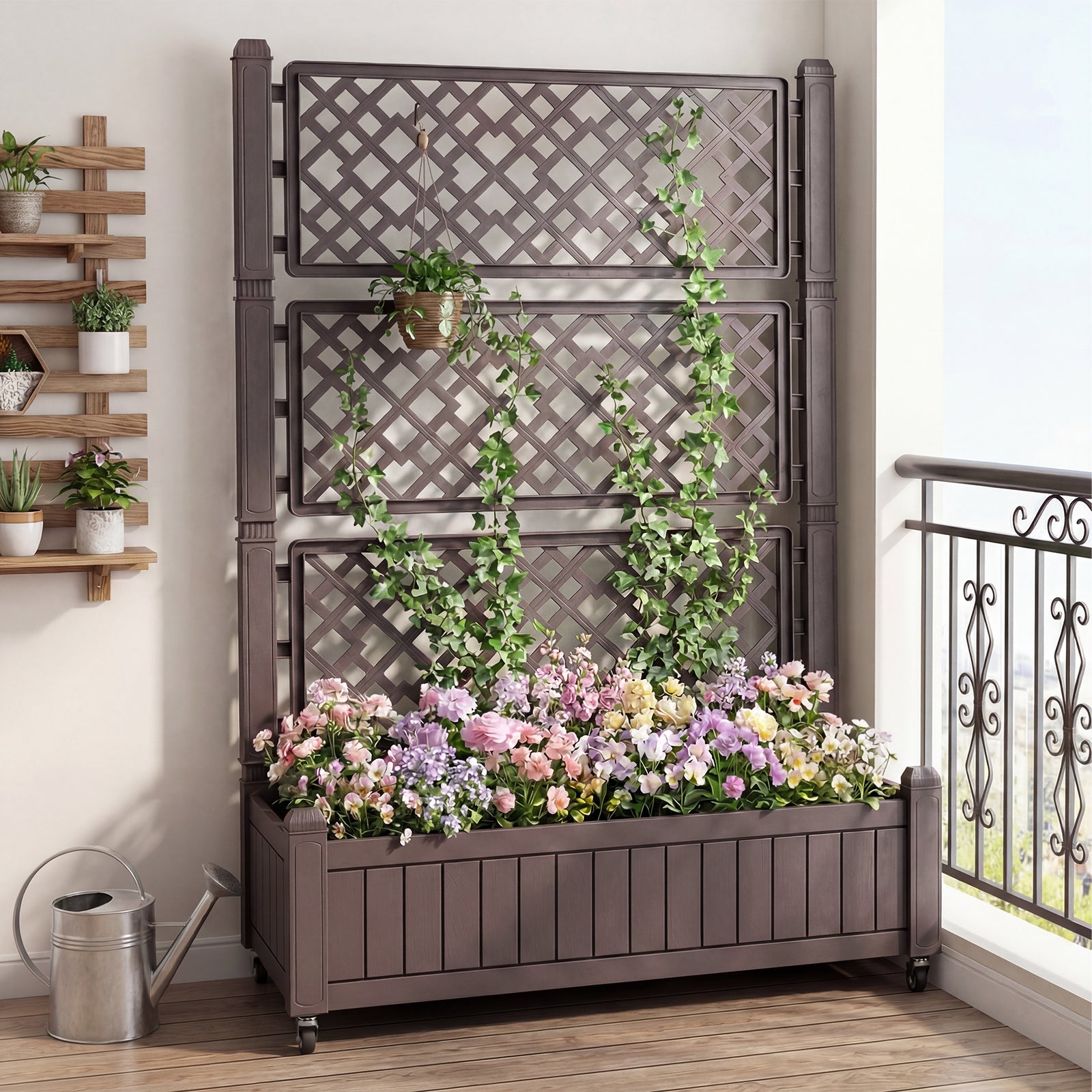 Raised Garden Bed with Lattice Trellis Drainage Plug and Gauge-Brown