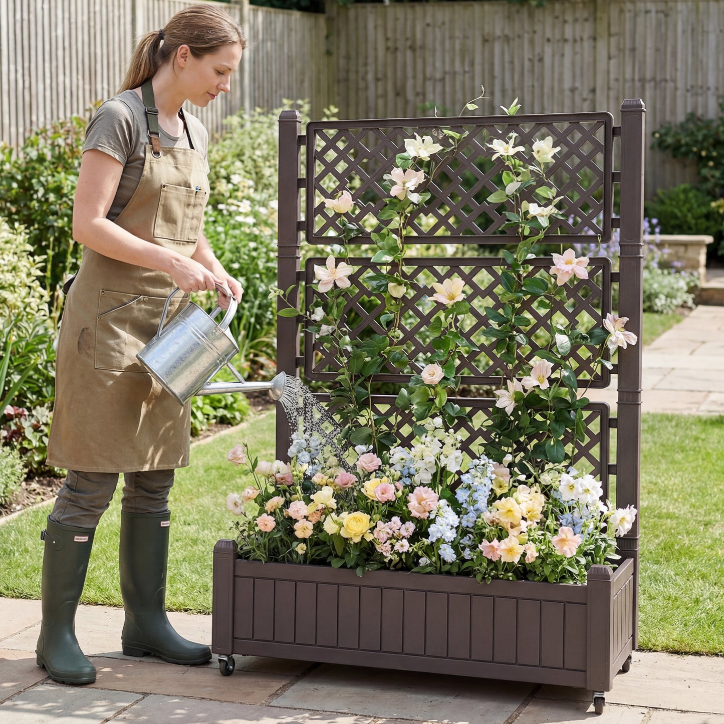 Raised Garden Bed with Lattice Trellis Drainage Plug and Gauge-Brown