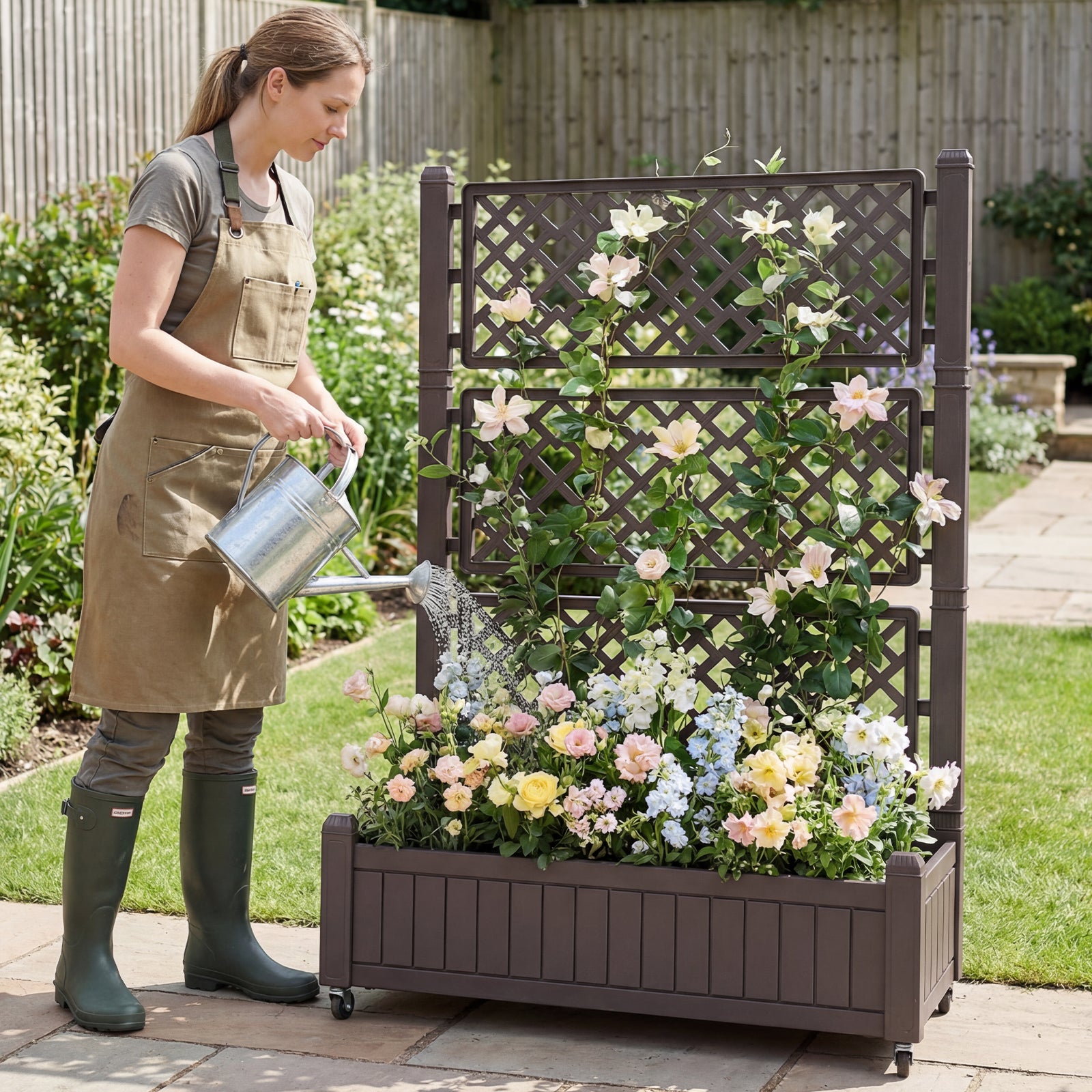 Raised Garden Bed with Lattice Trellis Drainage Plug and Gauge-Brown