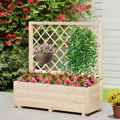 Raised Garden Bed with Lattice Trellis Wooden Elevated Planter-Natural