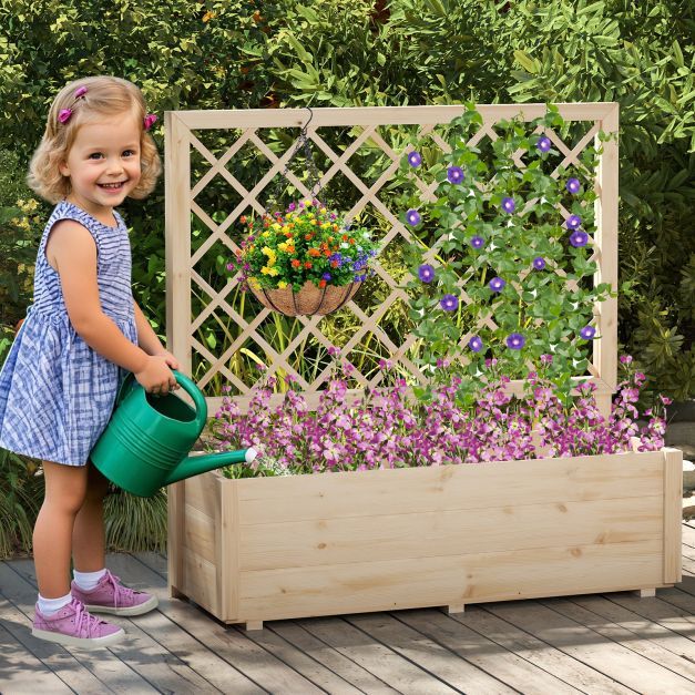 Raised Garden Bed with Lattice Trellis Wooden Elevated Planter-Natural