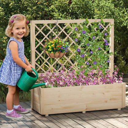 Raised Garden Bed with Lattice Trellis Wooden Elevated Planter-Natural
