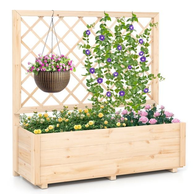 Raised Garden Bed with Lattice Trellis Wooden Elevated Planter-Natural