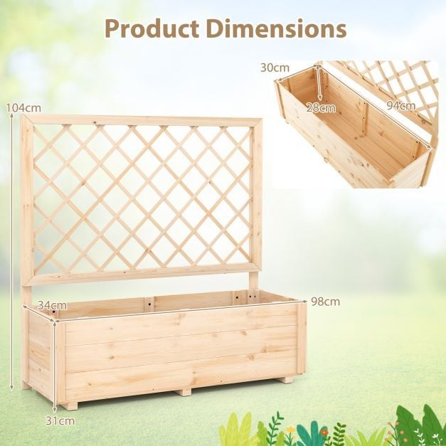 Raised Garden Bed with Lattice Trellis Wooden Elevated Planter-Natural