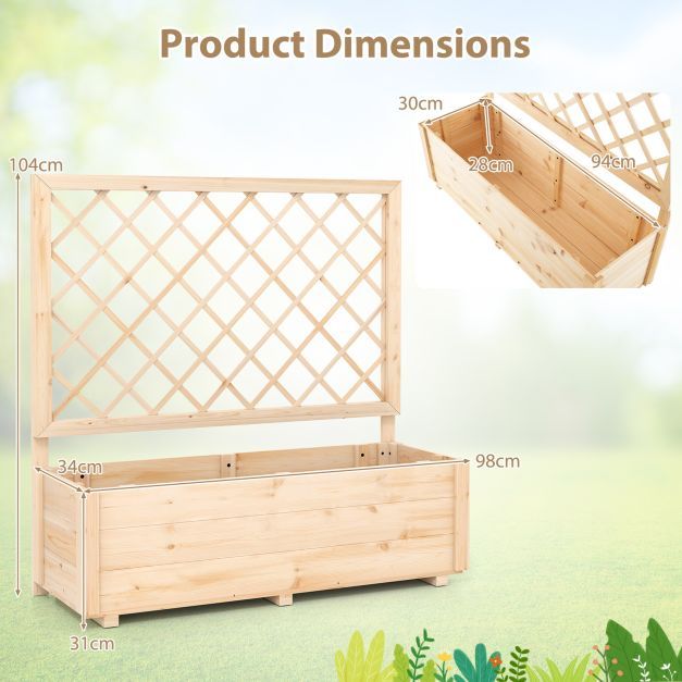 Raised Garden Bed with Lattice Trellis Wooden Elevated Planter-Natural