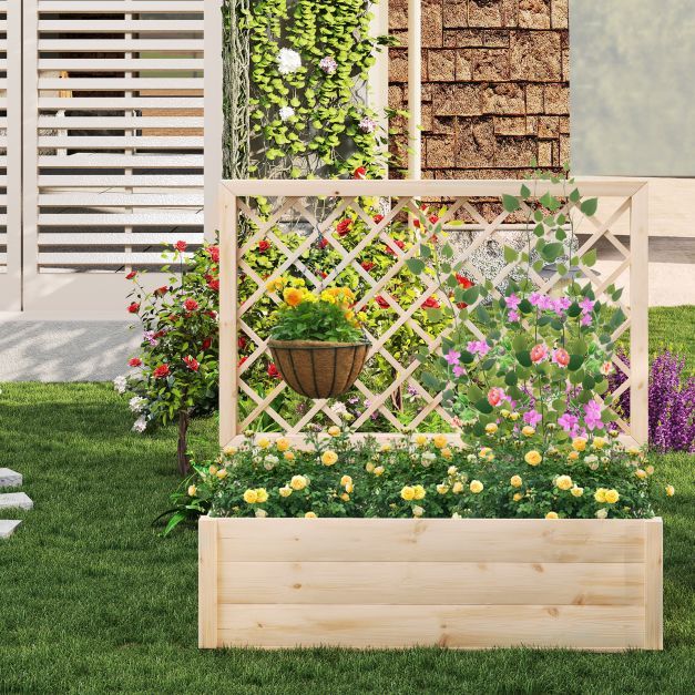 Raised Garden Bed with Lattice Trellis Wooden Elevated Planter-Natural