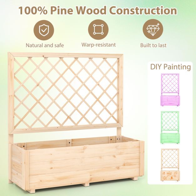 Raised Garden Bed with Lattice Trellis Wooden Elevated Planter-Natural