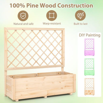 Raised Garden Bed with Lattice Trellis Wooden Elevated Planter-Natural