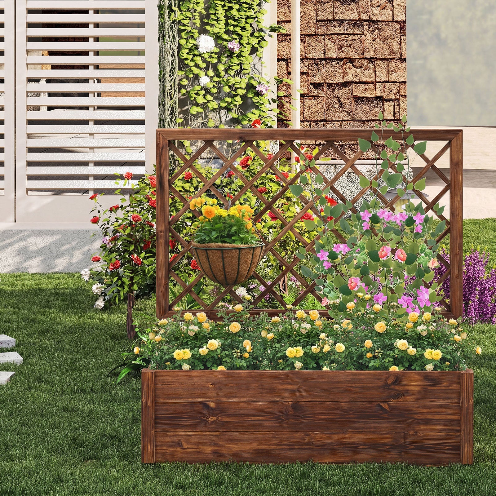 Raised Garden Bed with Lattice Trellis Wooden Elevated Planter-Orange
