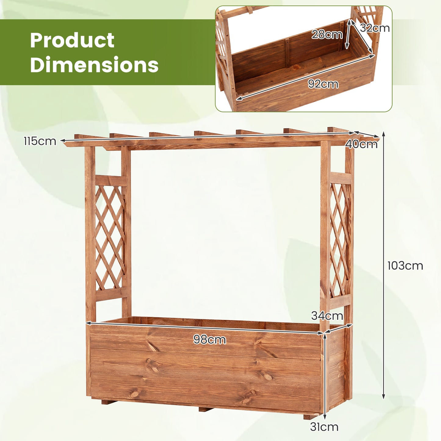 Raised Garden Bed with Lattice Trellises Hanging Roof Drainage-Ornge-L