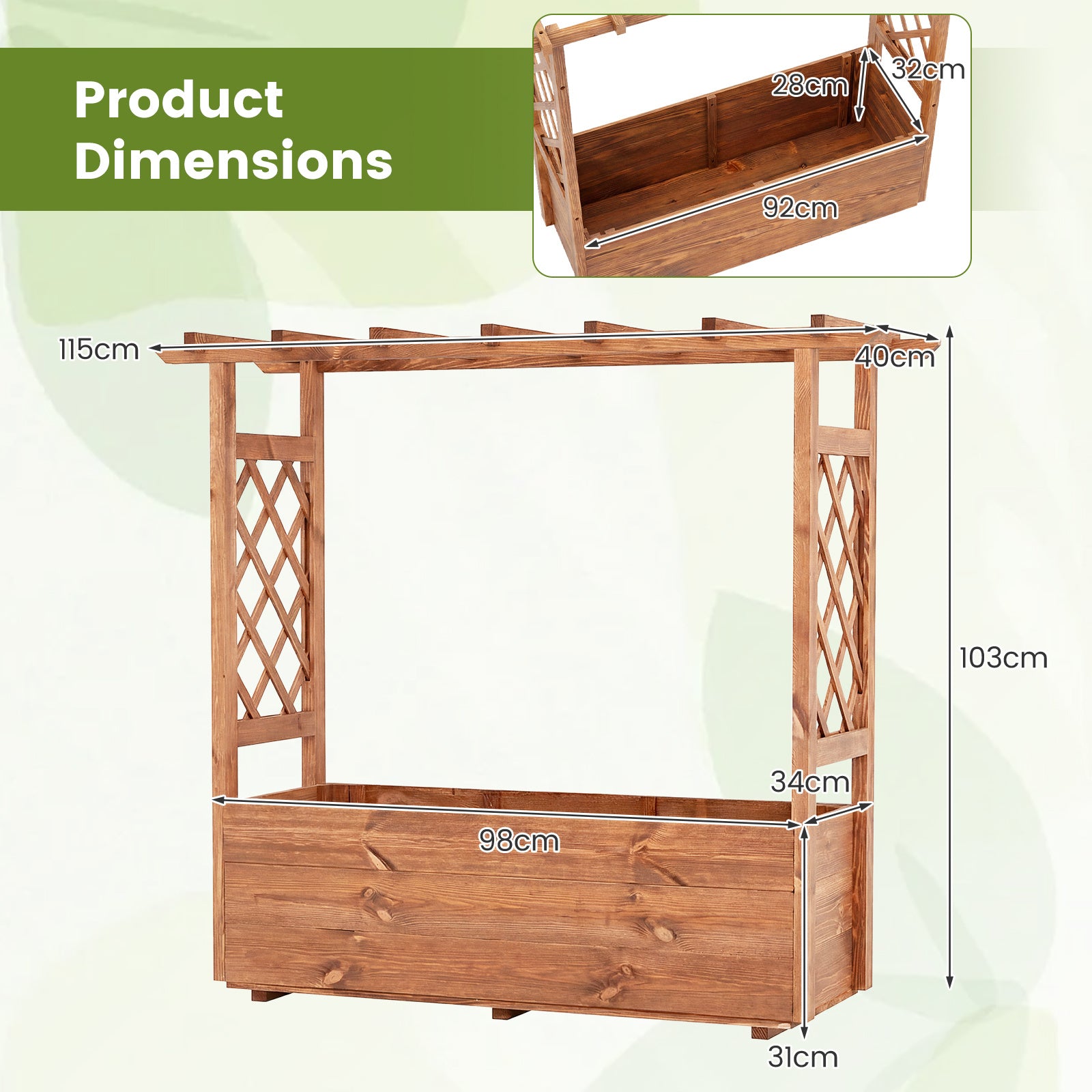 Raised Garden Bed with Lattice Trellises Hanging Roof Drainage-Ornge-L