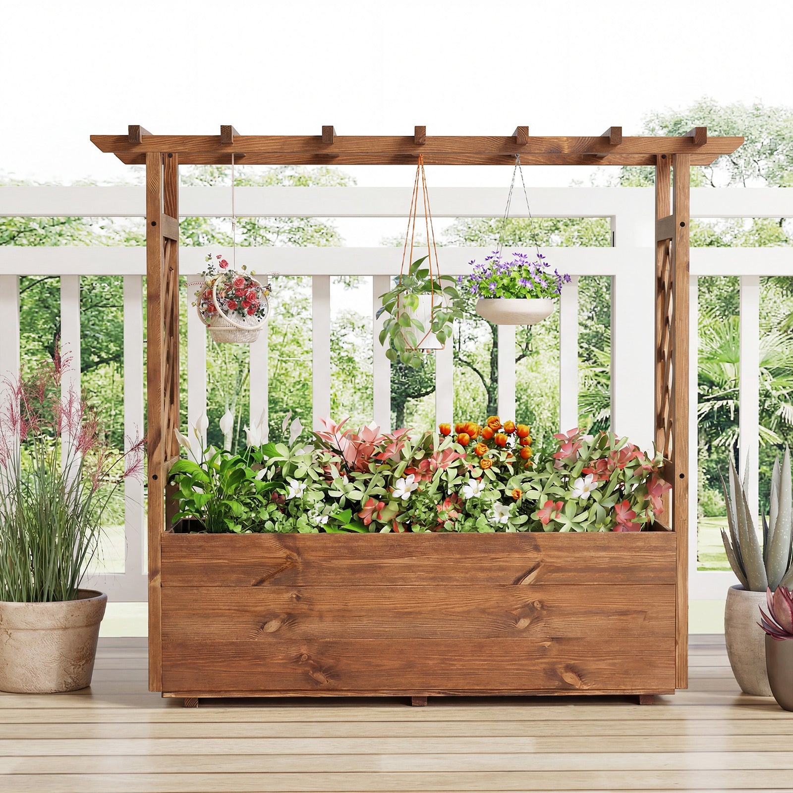 Raised Garden Bed with Lattice Trellises Hanging Roof Drainage-Ornge-L