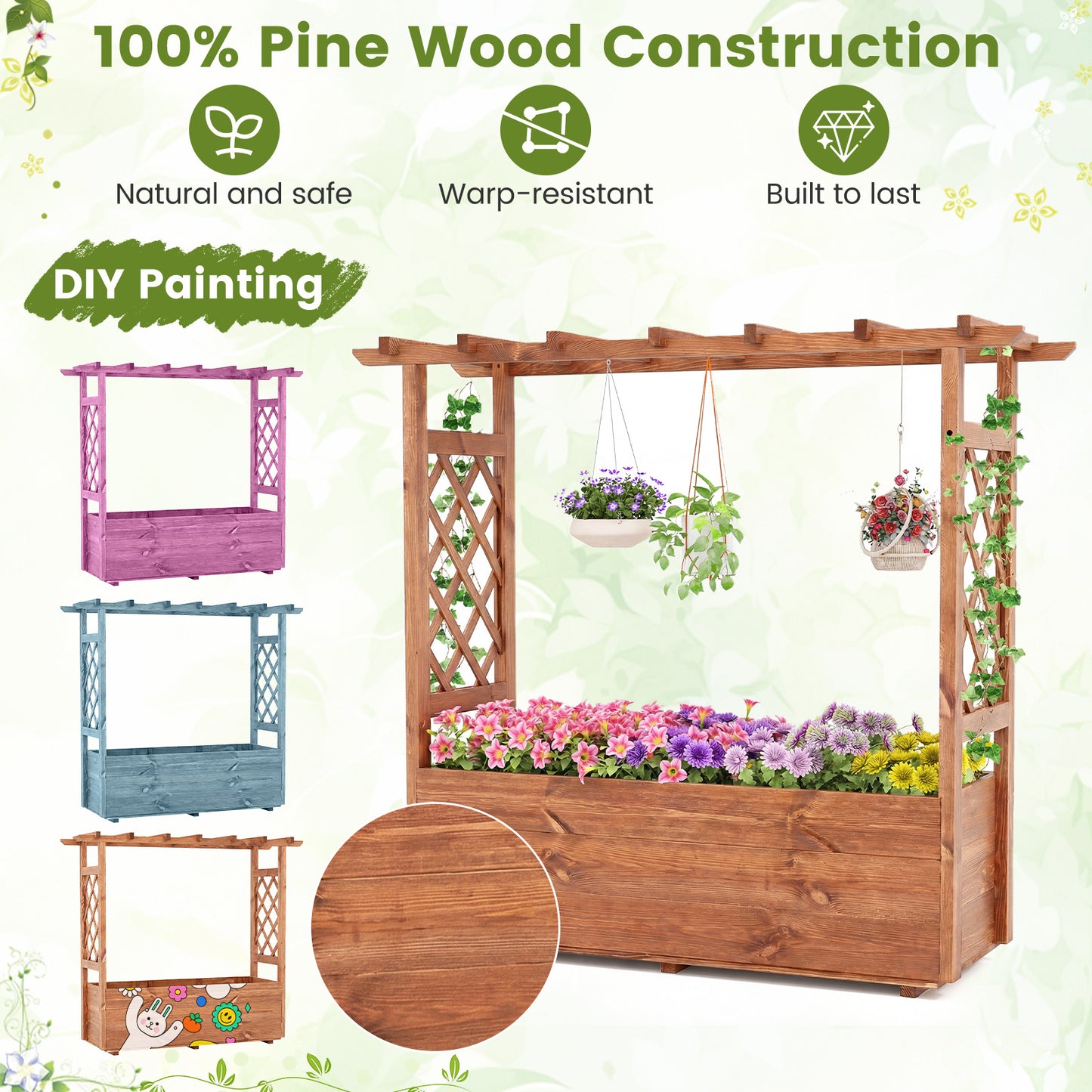 Raised Garden Bed with Lattice Trellises Hanging Roof Drainage-Ornge-L