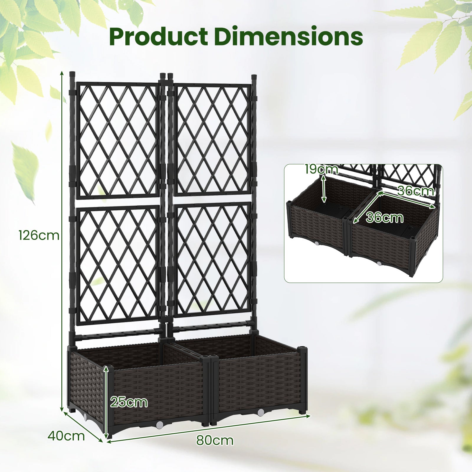 Raised Garden Bed with Trellis Self-Watering Elevated Planter Box with Drain Holes-1 Piece