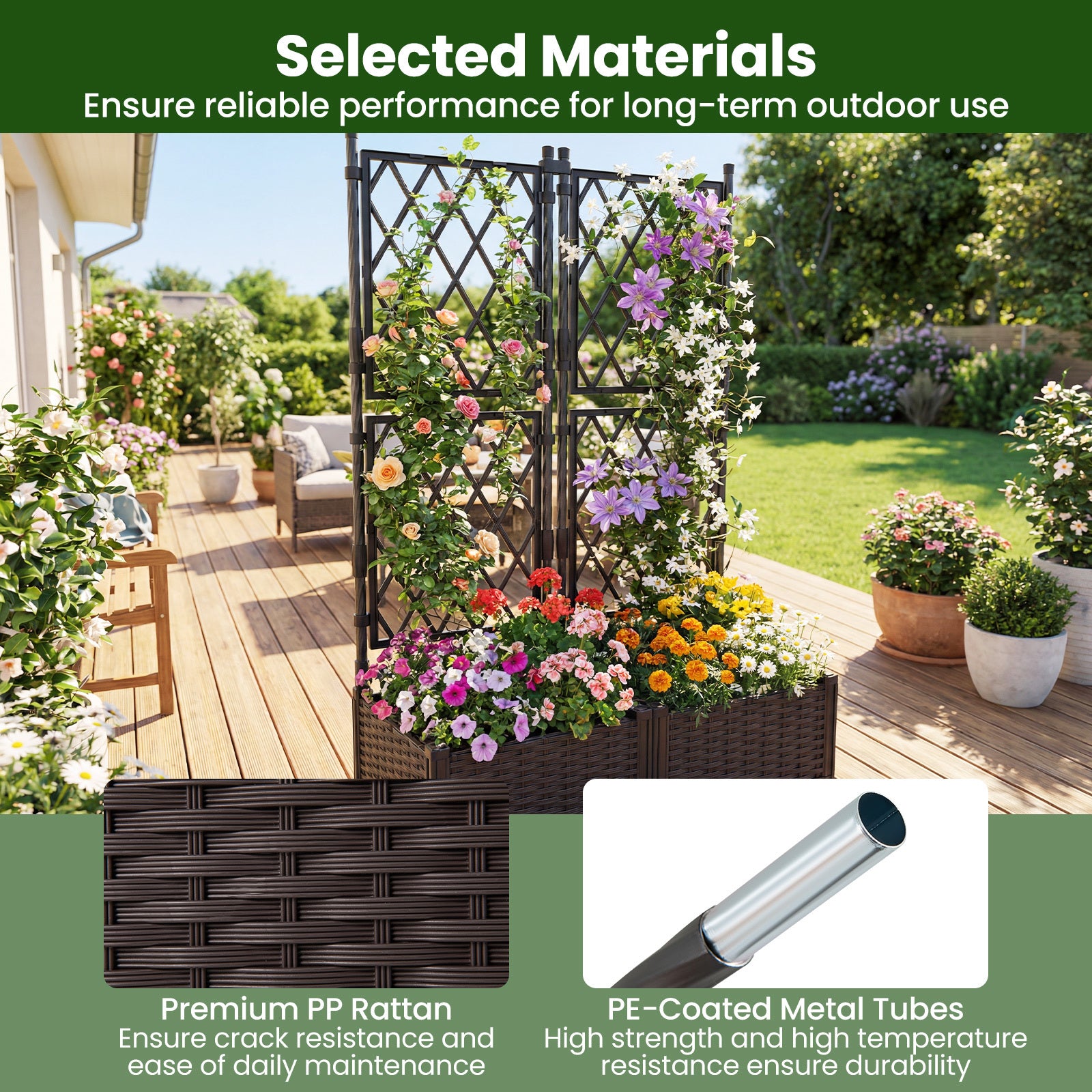 Raised Garden Bed with Trellis Self-Watering Elevated Planter Box with Drain Holes-1 Piece
