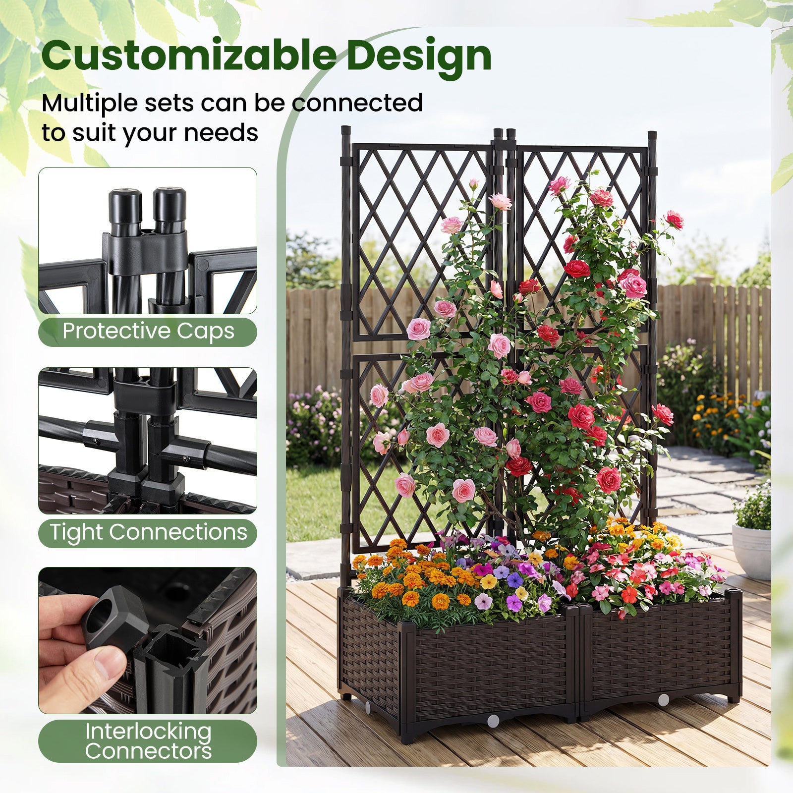 Raised Garden Bed with Trellis Self-Watering Elevated Planter Box with Drain Holes-1 Piece