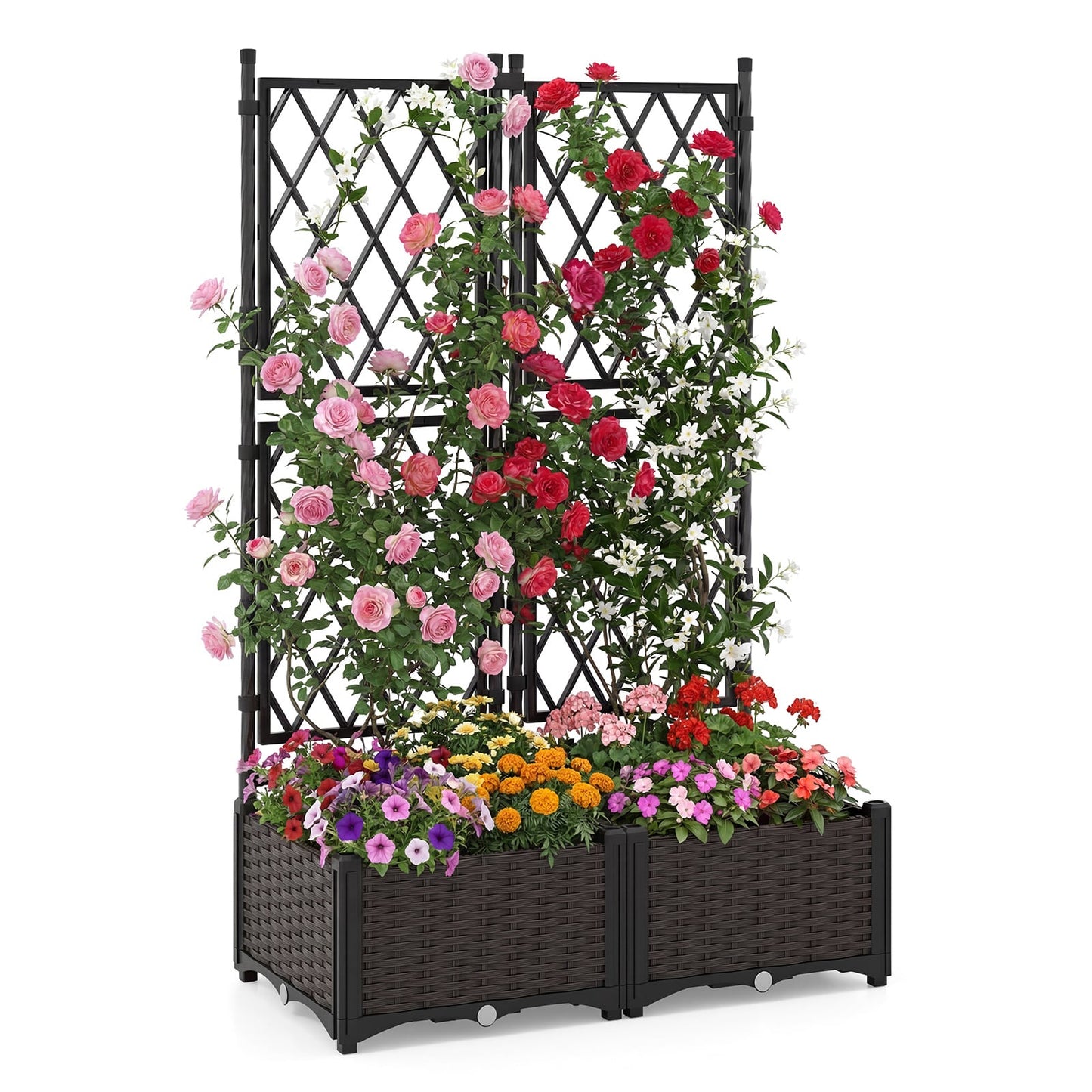 Raised Garden Bed with Trellis Self-Watering Elevated Planter Box with Drain Holes-Set of 2