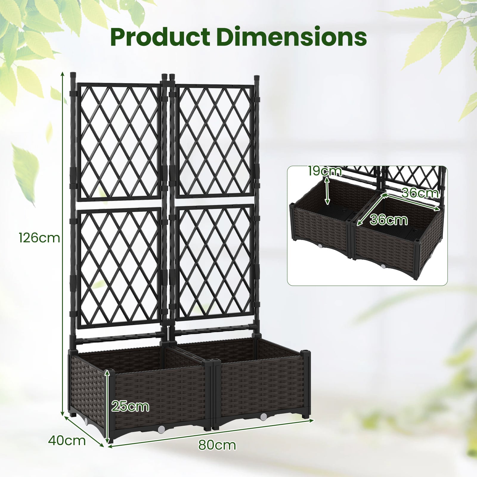 Raised Garden Bed with Trellis Self-Watering Elevated Planter Box with Drain Holes-Set of 2