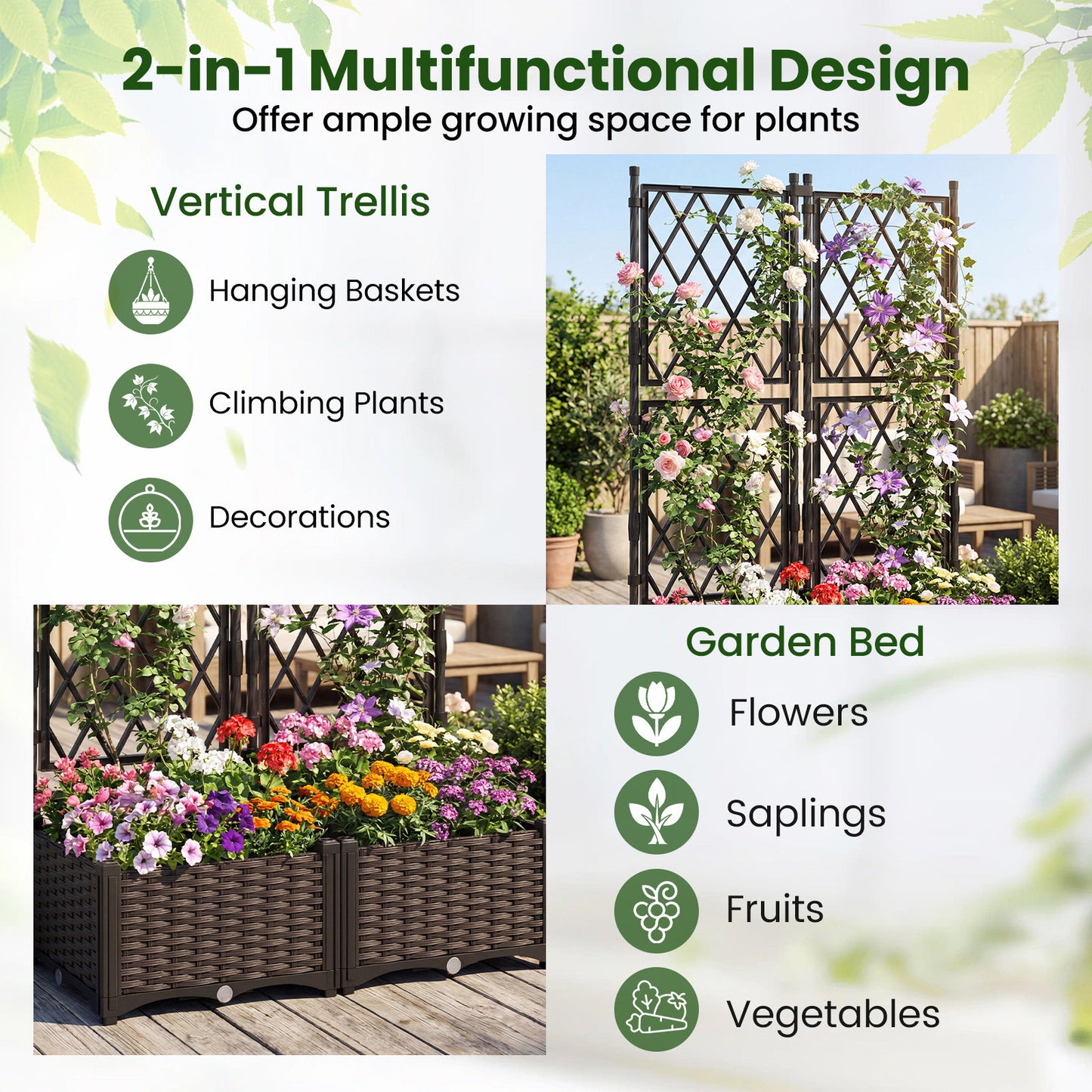 Raised Garden Bed with Trellis Self-Watering Elevated Planter Box with Drain Holes-Set of 2