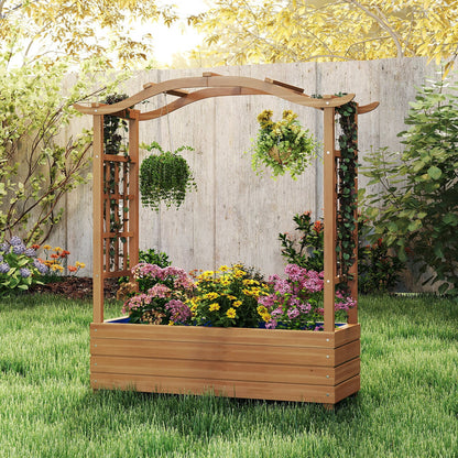 Raised Garden Bed with Trellis Solid Wood Planter with Hanging Roof-Brown