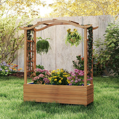 Raised Garden Bed with Trellis Solid Wood Planter with Hanging Roof-Brown