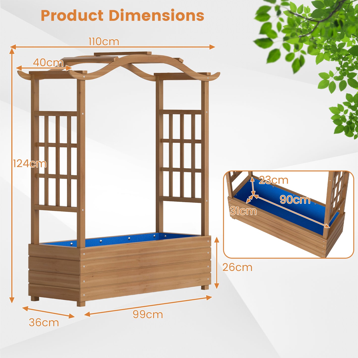 Raised Garden Bed with Trellis Solid Wood Planter with Hanging Roof-Brown