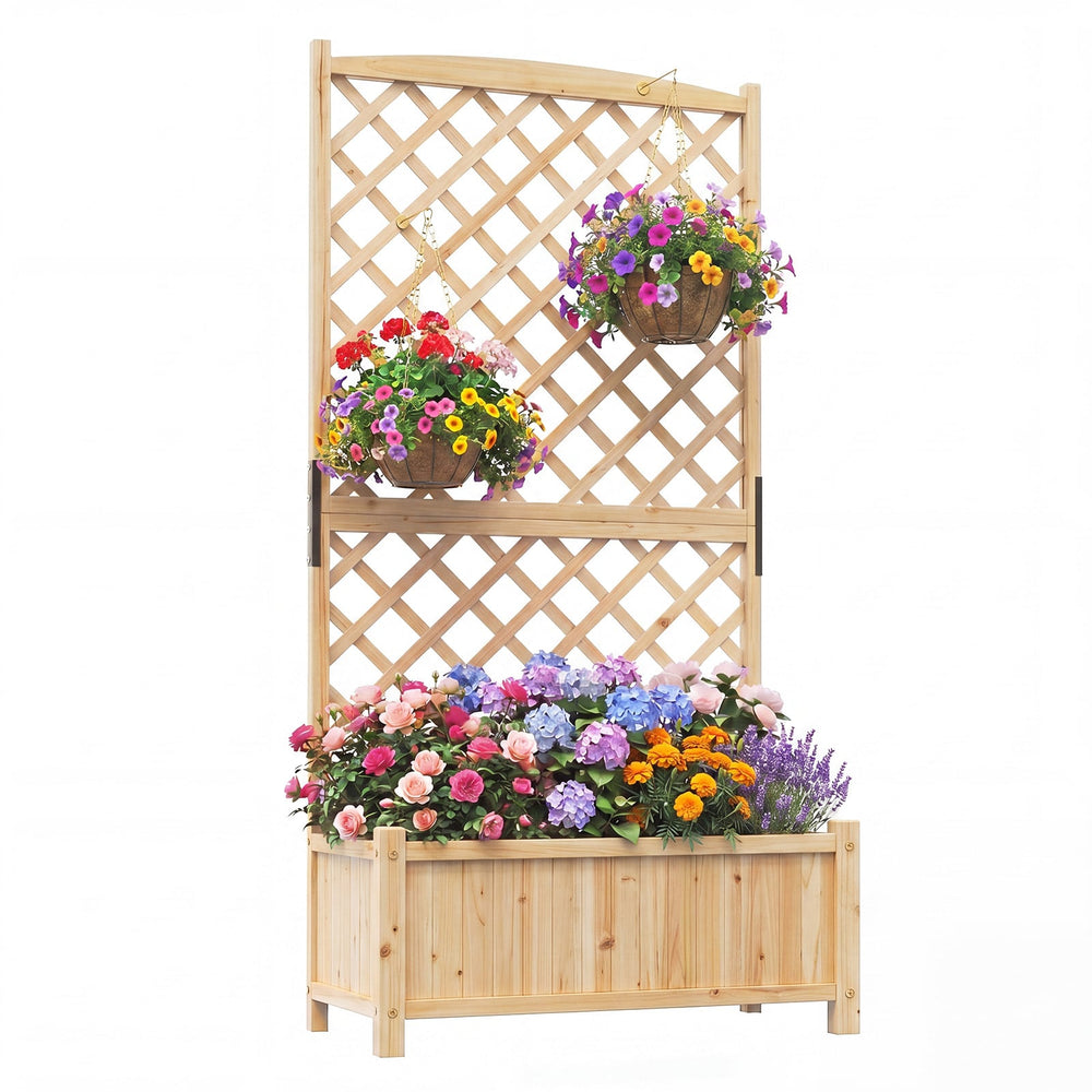 Raised Garden Bed with Trellis Wood Planter Box with Diamond Lattice Trellis-Natural